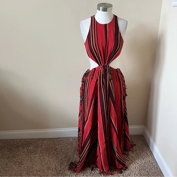 Ulla Johnson Caterina Red Black Stripe Fringed Maxi Dress 17882 - Picture 4 of 14